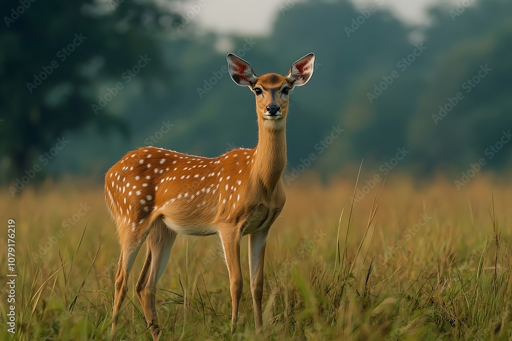 Spotted Fawn Standing in a Meadow, Gentle Eyes Spotted Fawn Standing in a Meadow, Gentle Eyes