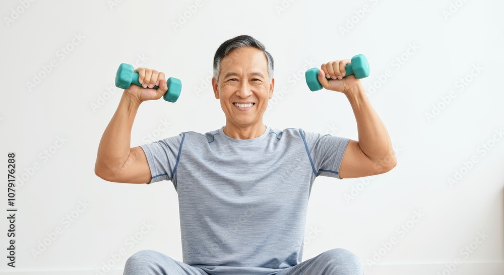 Active Asian senior man exercising with dumbbells at home for fitness and wellness Active Asian senior man exercising with dumbbells at home for fitness and wellness
