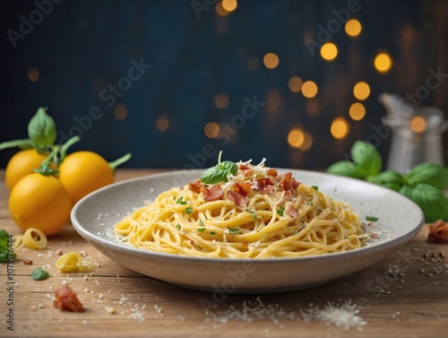 Spaghetti carbonara arranged neatly with a soft yellow sauce, topped with pancetta and a few sprinkles of grated Parmesan. photo