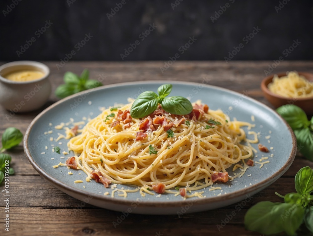 Spaghetti carbonara arranged neatly with a soft yellow sauce, topped with pancetta and a few sprinkles of grated Parmesan. Spaghetti carbonara arranged neatly with a soft yellow sauce, topped with pancetta and a few sprinkles of grated Parmesan.