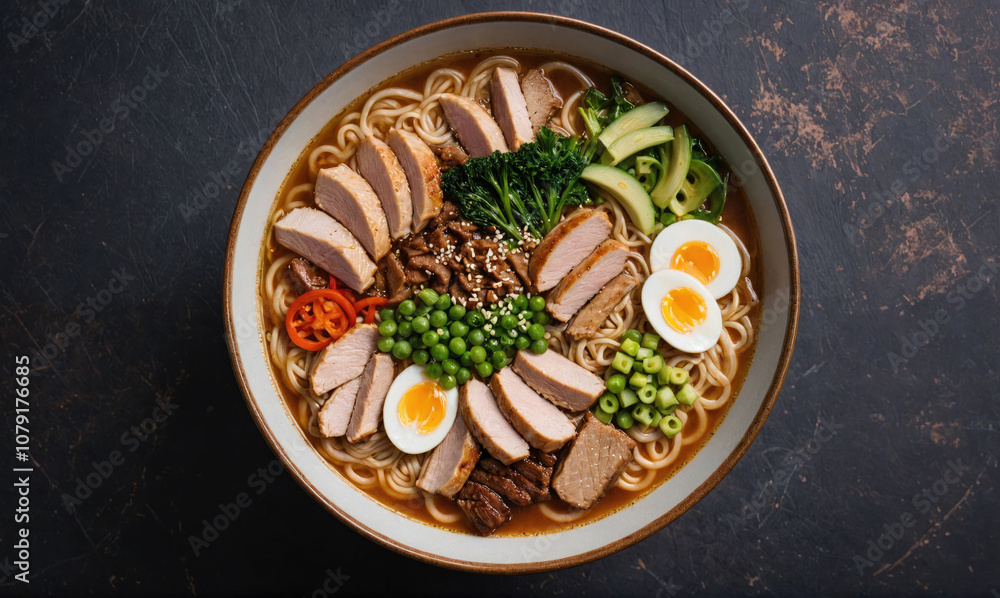 A bowl of ramen with pork, egg, avocado, broccoli, and peas on a dark surface A bowl of ramen with pork, egg, avocado, broccoli, and peas on a dark surface