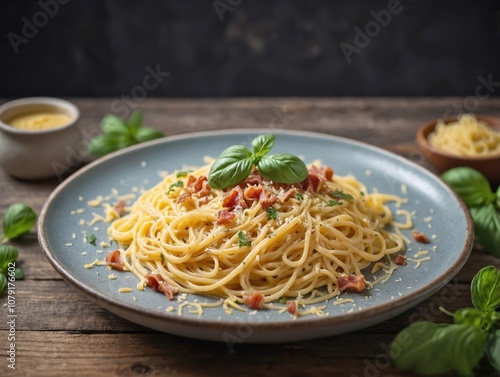 Spaghetti carbonara arranged neatly with a soft yellow sauce, topped with pancetta and a few sprinkles of grated Parmesan.