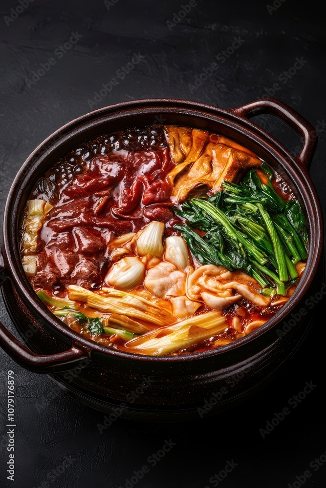 A vibrant hot pot filled with various ingredients, including meats, seafood, and vegetables, showcasing a colorful and appetizing display. A vibrant hot pot filled with various ingredients, including meats, seafood, and vegetables, showcasing a colorful and appetizing display.