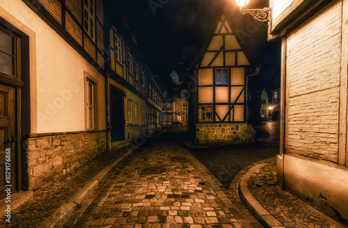 Gasse in der Altstadt in Quedlinburg mit gepfasteter Straße bei Nacht. Bekanntes Haus am Finkenherd 1.