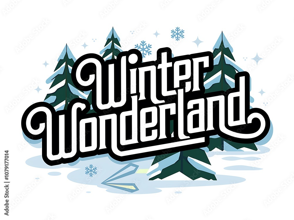 Winter Wonderland Text with Snow-Covered Pine Trees Winter Wonderland Text with Snow-Covered Pine Trees