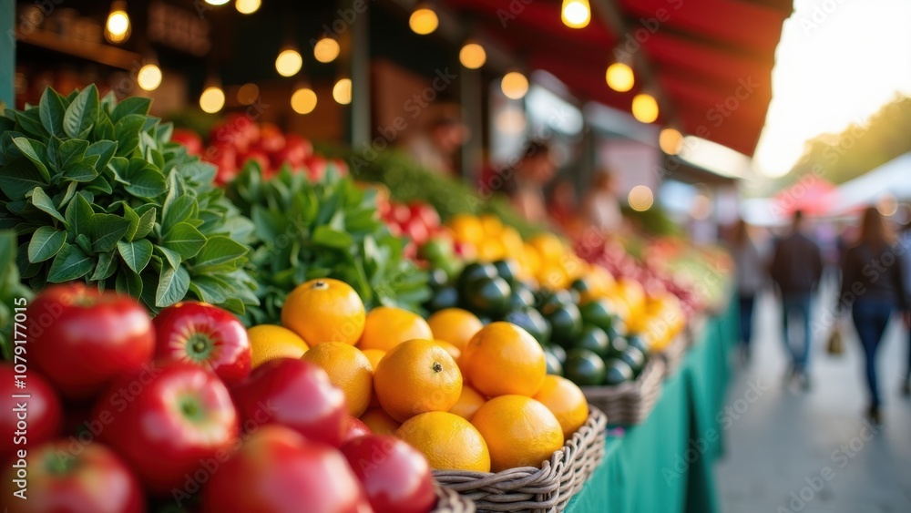 Baskets overflowing with red apples, oranges, and greens are displayed at a bustling market, attracting shoppers during the warm evening hours Baskets overflowing with red apples, oranges, and greens are displayed at a bustling market, attracting shoppers during the warm evening hours
