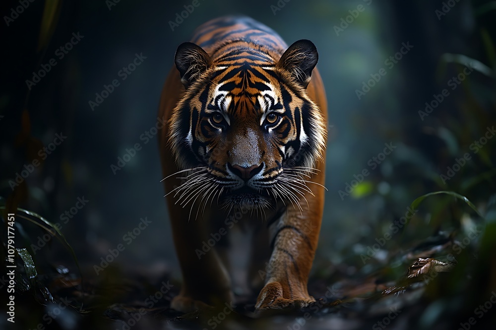 Striped Tiger Predator Stalking in Dark Green Jungle Foliage Striped Tiger Predator Stalking in Dark Green Jungle Foliage