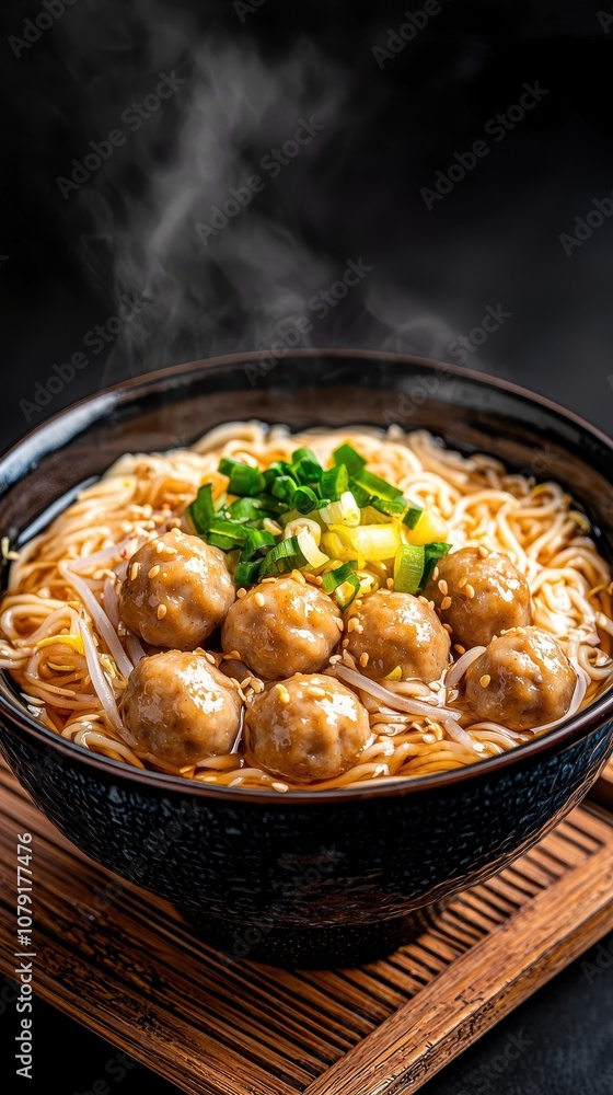 A steaming bowl of noodles topped with meatballs and green onions, showcasing a delicious, savory dish that is both comforting and appetizing. A steaming bowl of noodles topped with meatballs and green onions, showcasing a delicious, savory dish that is both comforting and appetizing.
