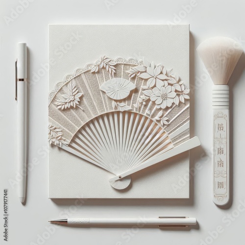 Mockup of a white folding hand fan set apart against a white background
 photo