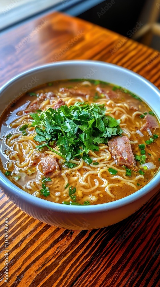 A steaming bowl of flavorful ramen topped with fresh herbs, showcasing delicious broth and noodles in a cozy setting. A steaming bowl of flavorful ramen topped with fresh herbs, showcasing delicious broth and noodles in a cozy setting.