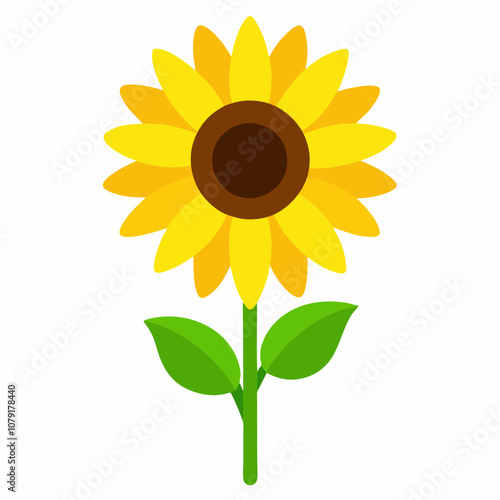 Minimalist Bright Yellow Sunflower Illustration with Green Leaves. sunflower vector illustration, white background