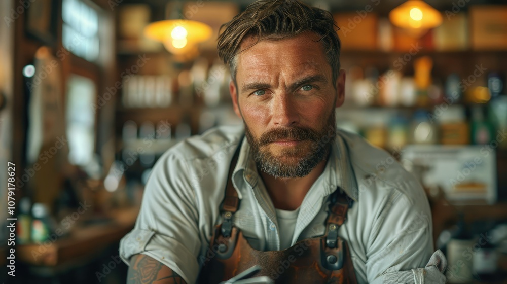 A man with a beard and a leather apron stands behind a counter in a rustic shop. A man with a beard and a leather apron stands behind a counter in a rustic shop.