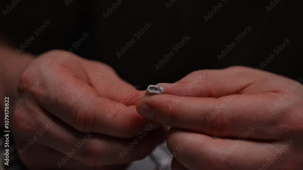 Close-up hands of unrecognizable man carefully inspecting and examining damaged white USB cable, showcasing intricate wiring and delicate repair process for restoring connectivity, slow motion. Close-up hands of unrecognizable man carefully inspecting and examining damaged white USB cable, showcasing intricate wiring and delicate repair process for restoring connectivity, slow motion.
