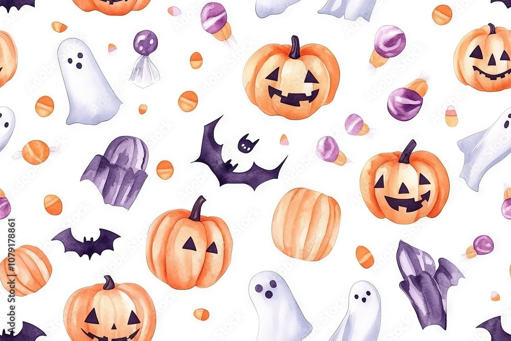 Halloween Elements Pattern with Pumpkins, Ghosts, Bats, and Candy in Bright Colors Halloween Elements Pattern with Pumpkins, Ghosts, Bats, and Candy in Bright Colors
