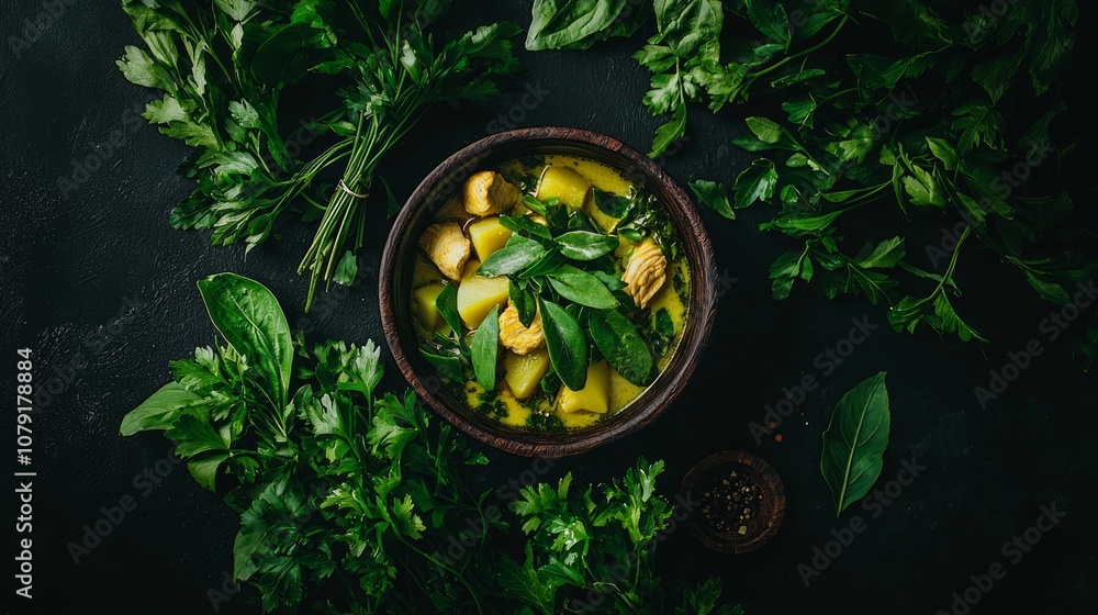 Vibrant Thai Yellow Curry with Chicken and Potatoes in Rustic Bowl Surrounded by Fresh Herbs and Spices for Added Texture Vibrant Thai Yellow Curry with Chicken and Potatoes in Rustic Bowl Surrounded by Fresh Herbs and Spices for Added Texture