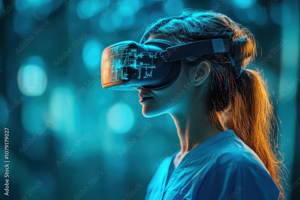 A woman experiencing virtual reality in a futuristic, illuminated environment A woman experiencing virtual reality in a futuristic, illuminated environment