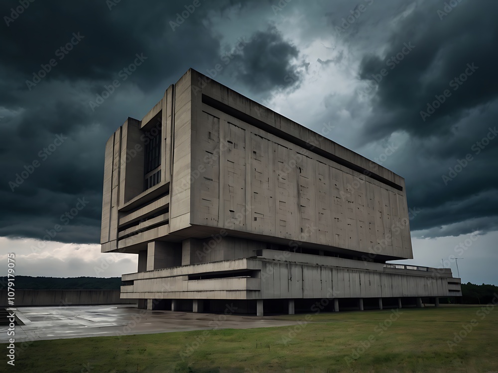 Brutalist Concrete Building Under a Stormy Sky Brutalist Concrete Building Under a Stormy Sky