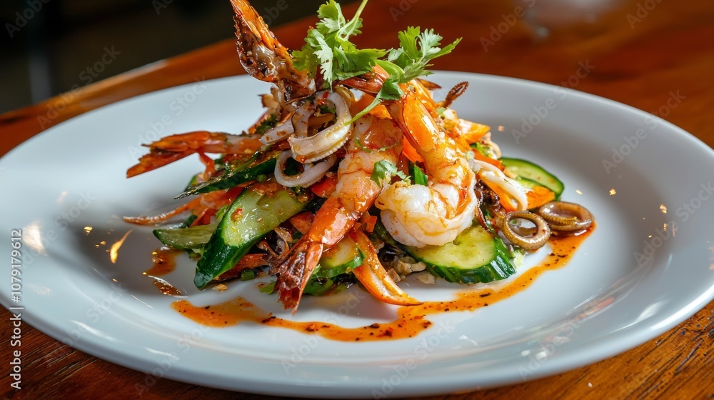 Exquisite Thai Seafood Salad with Shrimp, Squid, and Veggies in Tangy Dressing, Overhead View Exquisite Thai Seafood Salad with Shrimp, Squid, and Veggies in Tangy Dressing, Overhead View