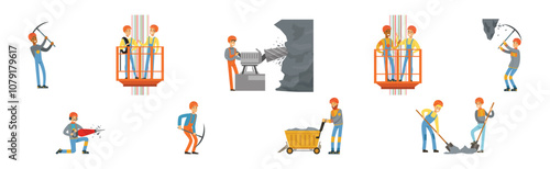 Man Miner Character in Uniform and Hard Hat Work Underground Vector Set