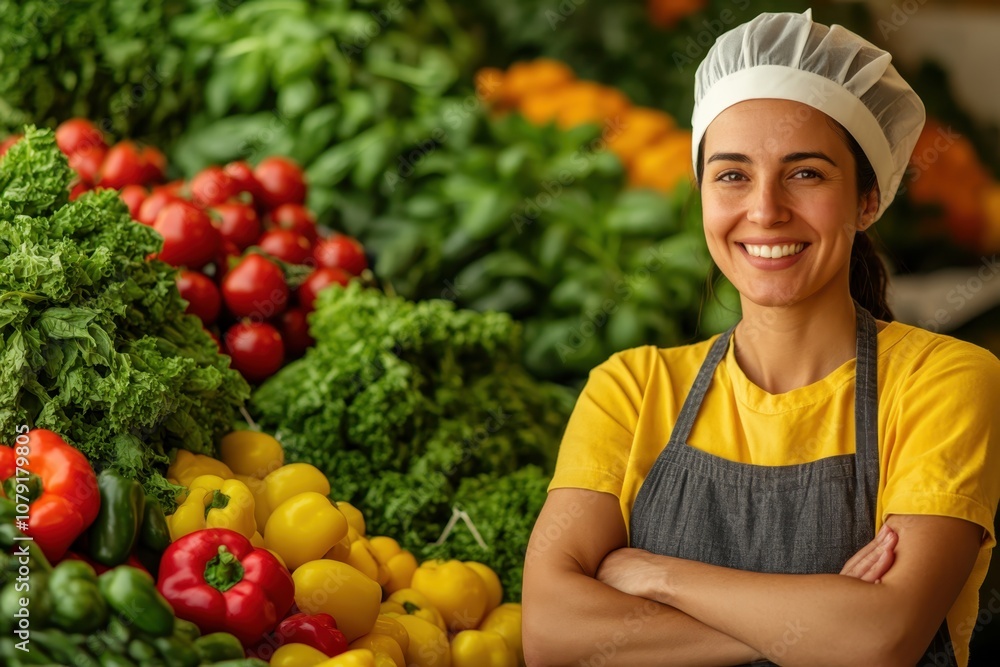 Smiling market vendor showcases fresh vegetables in a vibrant farmers market setting Smiling market vendor showcases fresh vegetables in a vibrant farmers market setting