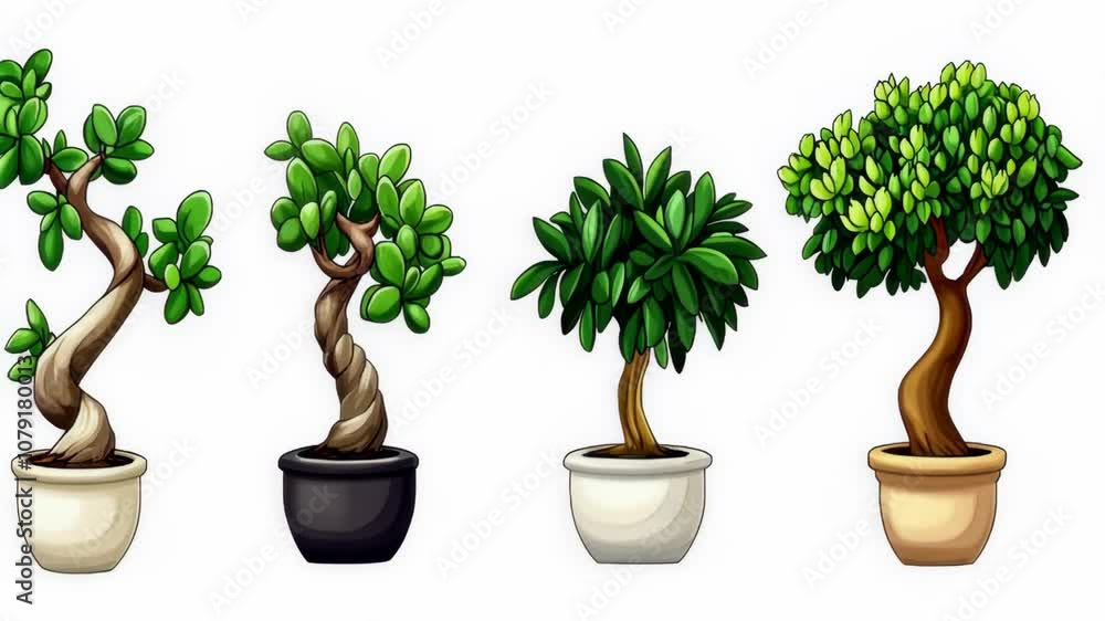Four potted trees with green leaves stand in a row against a white background Four potted trees with green leaves stand in a row against a white background