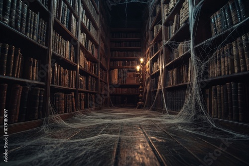 Eerie Library Hallway with Cobwebs Illuminated by a Candlelight