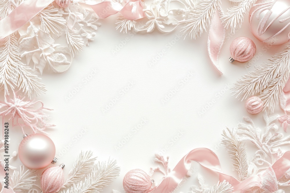 White background with delicate pastel pink and white Christmas decorations, including ribbons, ornaments, and pine branches forming an elegant frame around the edges of the canvas Generative AI White background with delicate pastel pink and white Christmas decorations, including ribbons, ornaments, and pine branches forming an elegant frame around the edges of the canvas Generative AI
