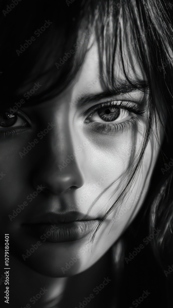 Captivating close-up portrait of a woman in dramatic black and white lighting Captivating close-up portrait of a woman in dramatic black and white lighting