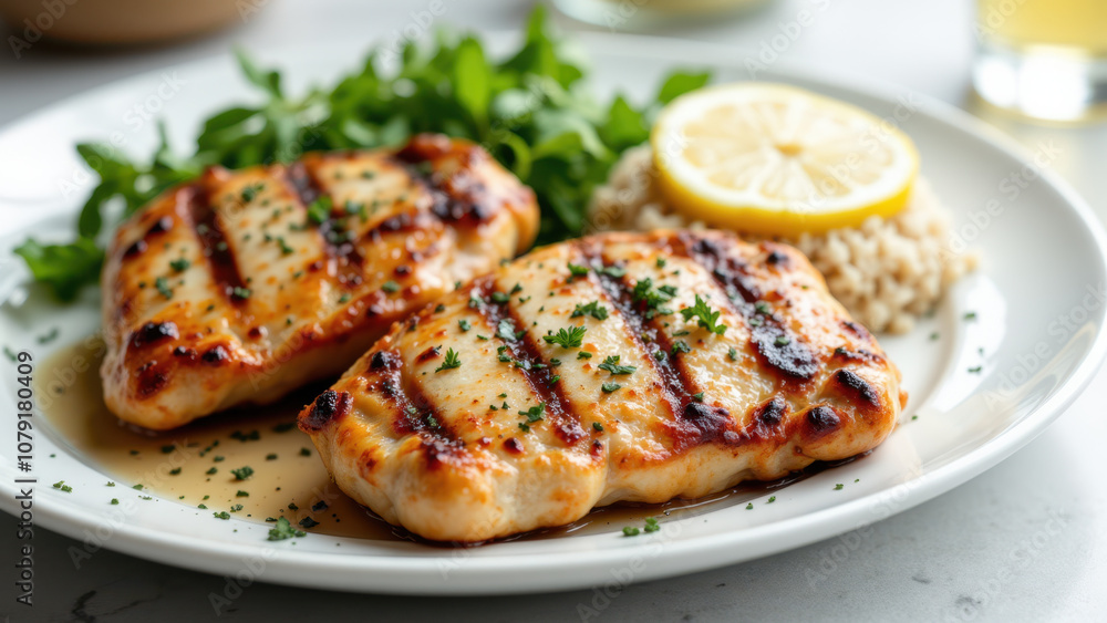 Juicy chicken breasts with a creamy sauce, served alongside rice pilaf on a marble countertop, perfect for carnivores seeking a flavorful meal. Juicy chicken breasts with a creamy sauce, served alongside rice pilaf on a marble countertop, perfect for carnivores seeking a flavorful meal.