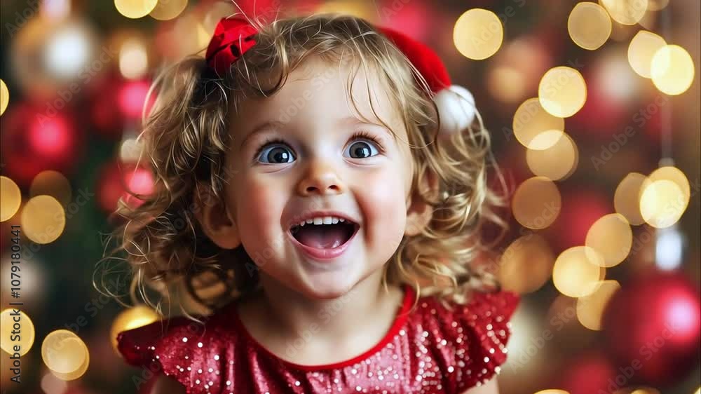 Beautiful little girl in a red dress looks up with her mouth open in surprise. Portrait of a cute girl with curly hair against the background of a New Year tree with a golden garland, emotions Beautiful little girl in a red dress looks up with her mouth open in surprise. Portrait of a cute girl with curly hair against the background of a New Year tree with a golden garland, emotions