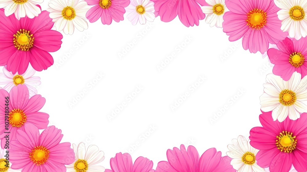 Pink and White Floral Border with Daisies and Cosmos on White Background Pink and White Floral Border with Daisies and Cosmos on White Background