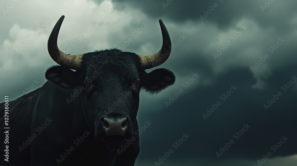Naklejka premium A powerful black bull stares intensely into the camera, set against a dramatic, stormy sky.