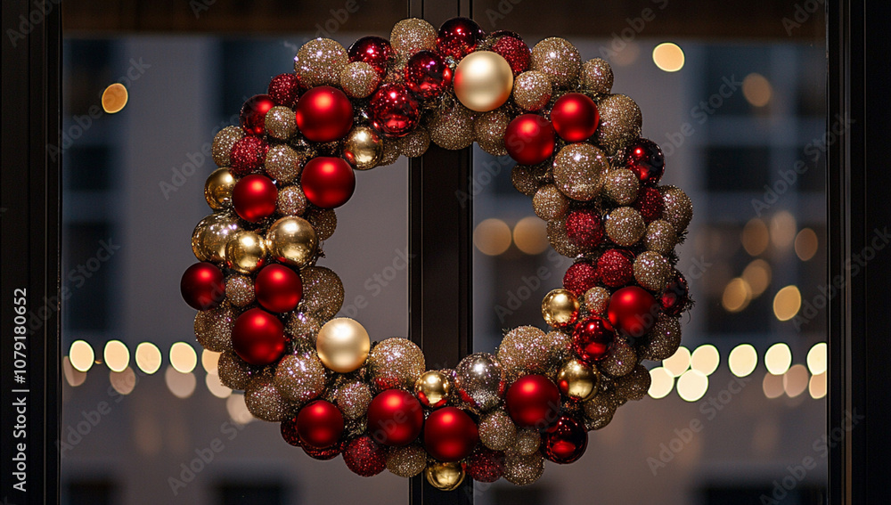 A wreath made of red and gold ornaments hangs on the window, with lights in bokeh behind it. A wreath made of red and gold ornaments hangs on the window, with lights in bokeh behind it.
