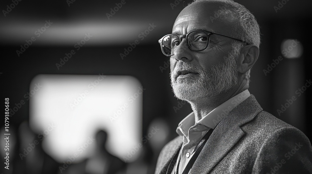 A mature man with a gray beard and glasses listens intently to a presentation. His focused expression suggests he is deeply engaged in the speaker's words. A mature man with a gray beard and glasses listens intently to a presentation. His focused expression suggests he is deeply engaged in the speaker's words.