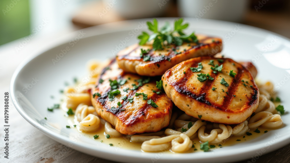 Carnivore Diet meal with grilled chicken and noodles on a white plate. Carnivore Diet meal with grilled chicken and noodles on a white plate.