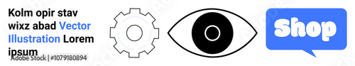 Three key icons including eye, gear, and shop speech bubble. Ideal for retail, e-commerce, marketing, design, and business websites. Banner for landing page