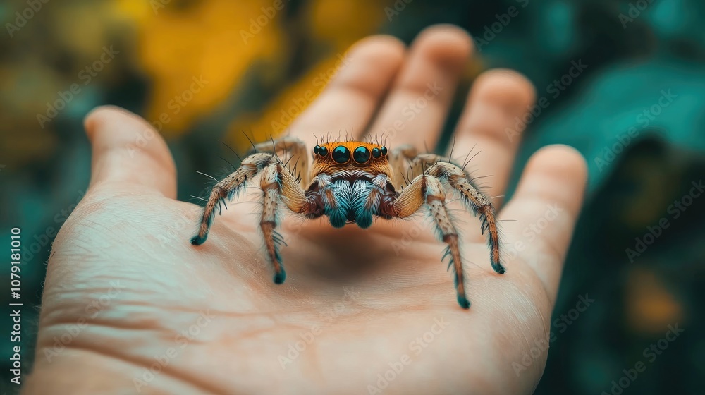 Detailed Close-Up of Colorful Jumping Spider on Human Hand Outdoors Detailed Close-Up of Colorful Jumping Spider on Human Hand Outdoors