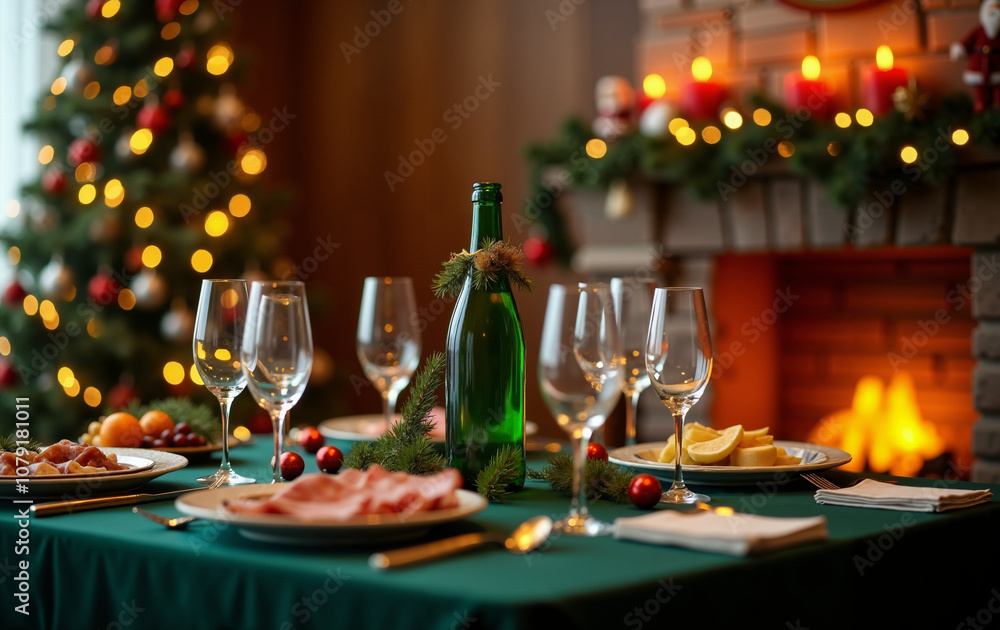Festive Holiday Dinner Setting with Christmas Tree and Fireplace Festive Holiday Dinner Setting with Christmas Tree and Fireplace