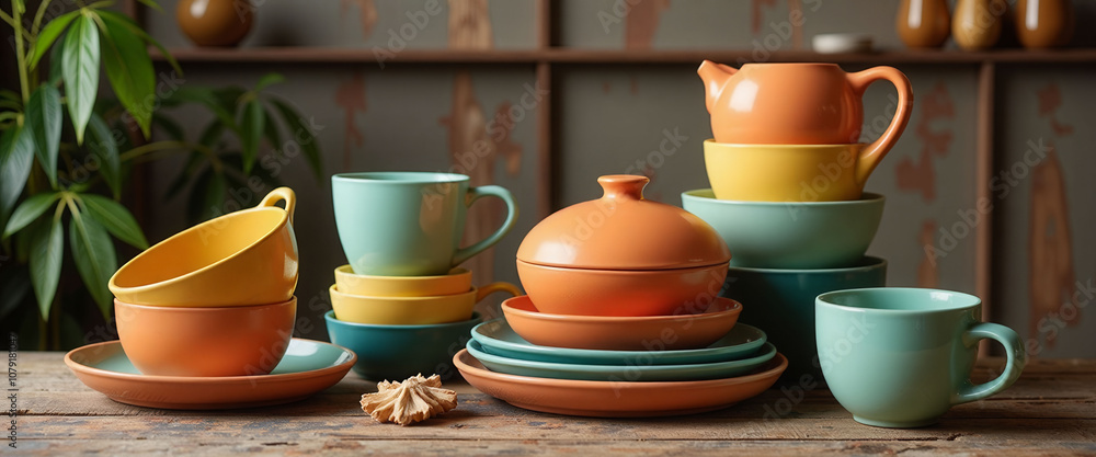 A table with a variety of bowls and plates, including a yellow bowl with a lemon in it A table with a variety of bowls and plates, including a yellow bowl with a lemon in it