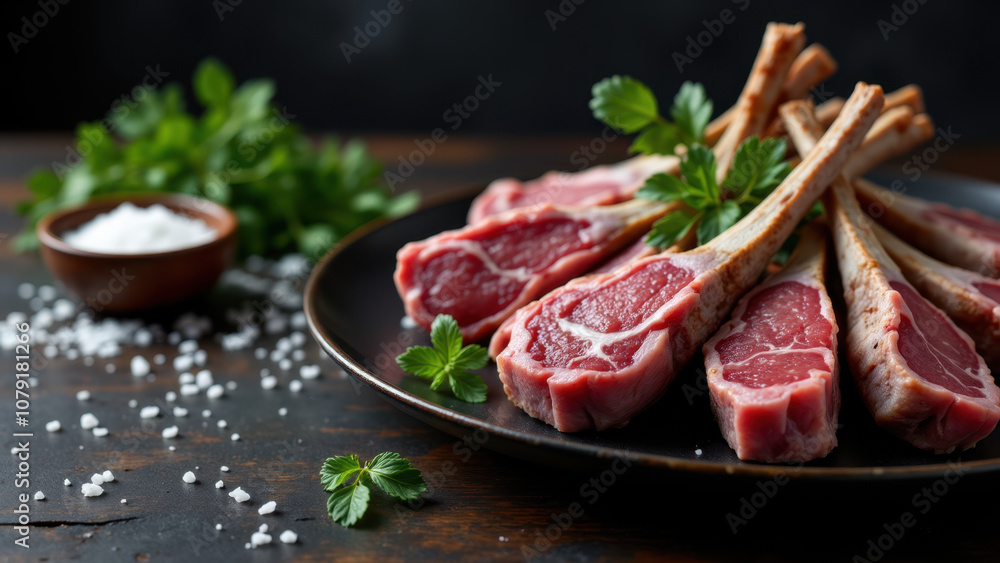 A plate with sliced beef shanks garnished with parsley on a rustic wooden table. A plate with sliced beef shanks garnished with parsley on a rustic wooden table.