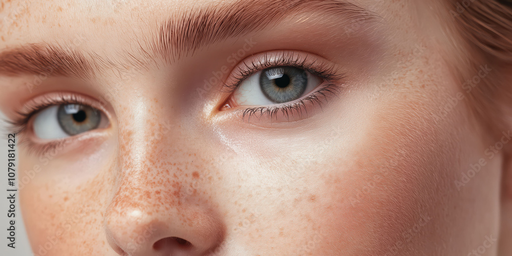 Close-up of a freckled face with blue eyes and natural beauty Close-up of a freckled face with blue eyes and natural beauty