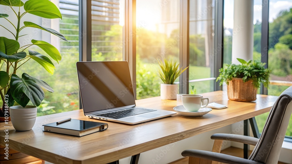Fototapeta premium A modern home office setup with a laptop, a coffee mug, organized desk, soft natural lighting. 