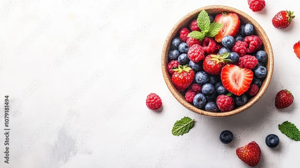 Fresh Mixed Berries in Wooden Bowl on Light Background with Mint Leaves Fresh Mixed Berries in Wooden Bowl on Light Background with Mint Leaves