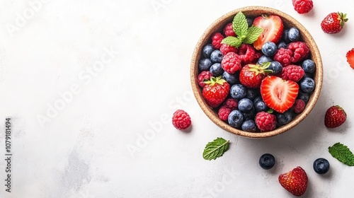 Fresh Mixed Berries in Wooden Bowl on Light Background with Mint Leaves