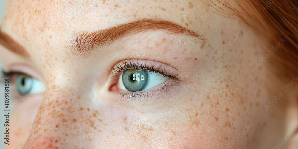 Close-up of freckled skin and reflective eye capturing natural beauty Close-up of freckled skin and reflective eye capturing natural beauty