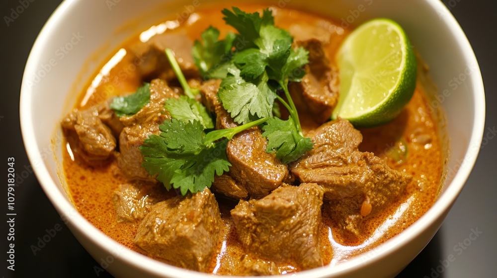 Exquisite Thai Red Curry Bowl with Meat, Veggies, and Coconut Milk, Garnished with Lime and Cilantro, Top View Food Photography Exquisite Thai Red Curry Bowl with Meat, Veggies, and Coconut Milk, Garnished with Lime and Cilantro, Top View Food Photography