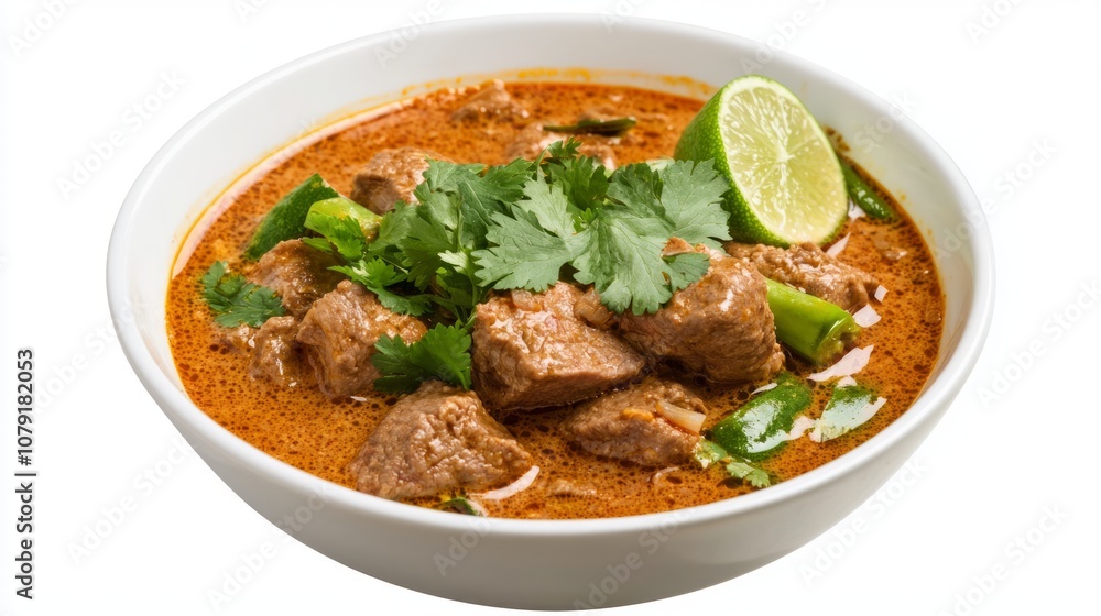 Vibrant Thai Red Curry Bowl with Meat, Veggies, and Lime - Top View Food Photography with Coconut Milk and Fresh Cilantro Vibrant Thai Red Curry Bowl with Meat, Veggies, and Lime - Top View Food Photography with Coconut Milk and Fresh Cilantro
