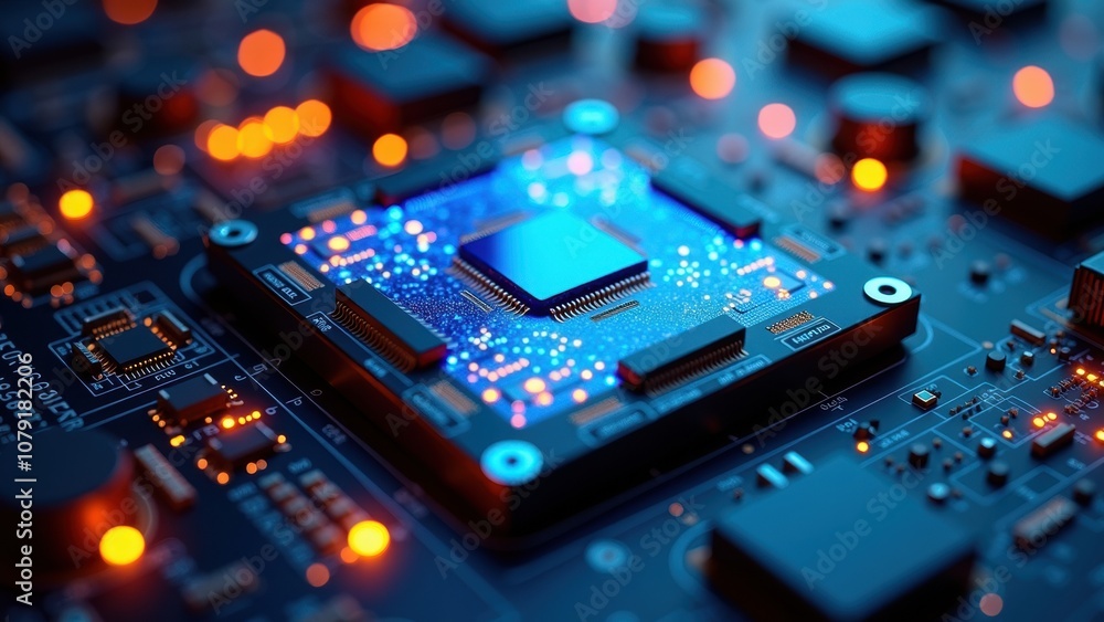 A detailed close-up highlights a microprocessor mounted on a circuit board. The background features glowing LED lights, creating an intriguing visual effect A detailed close-up highlights a microprocessor mounted on a circuit board. The background features glowing LED lights, creating an intriguing visual effect