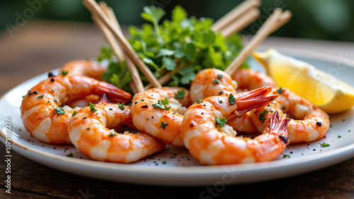 A plate filled with garlic butter shrimp on a wooden table with lemon wedges as garnish. photo