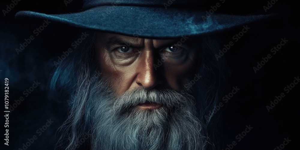 Mysterious bearded wizard with intense gaze in dark hat Mysterious bearded wizard with intense gaze in dark hat